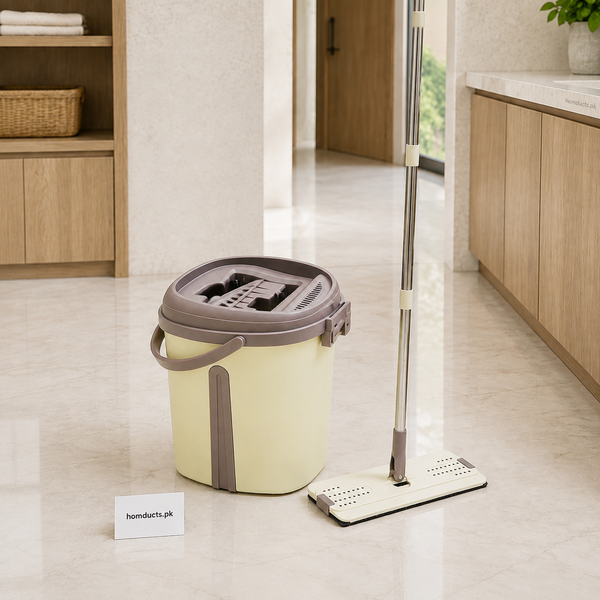 2-in-1 Scratch Cleaning Flat Mop with Dual-Compartment Bucket & Hands-Free Wringer