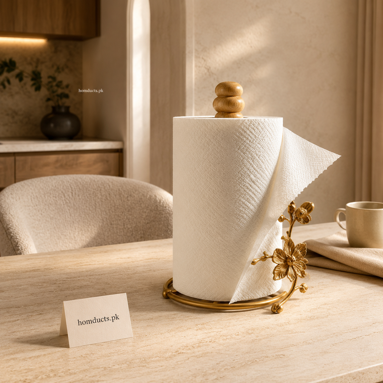 Luxury Gold Floral Paper Towel Holder with Wooden Knob – Decorative Kitchen Tissue Roll Stand