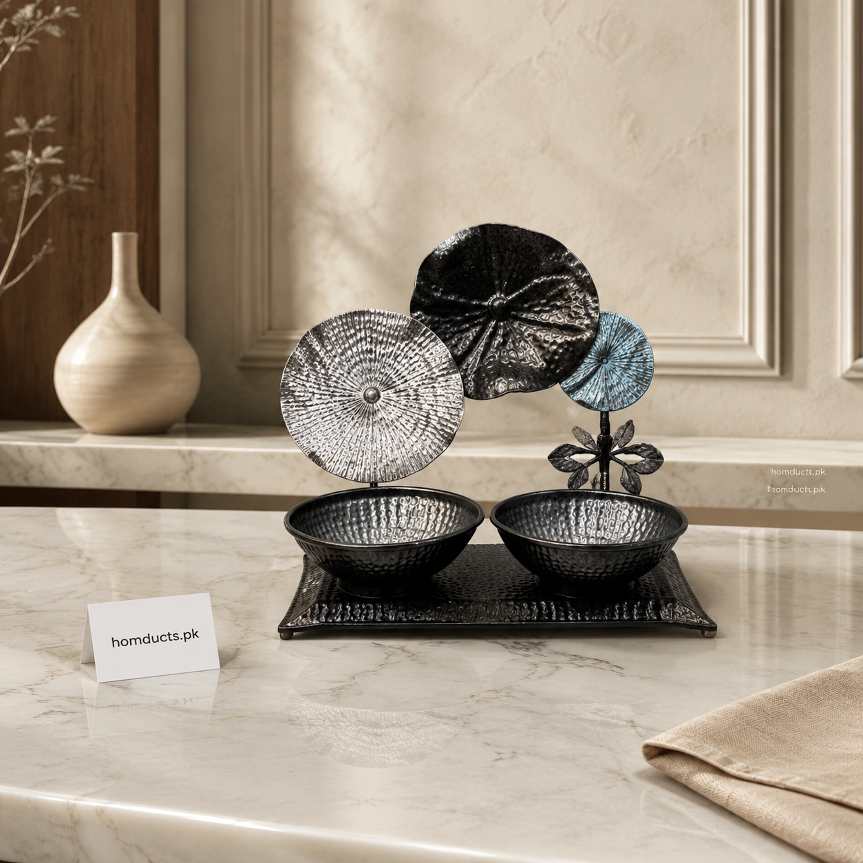 Luxury Iron Fruit Platter Set – Decorative Metal Serving Bowls with Leaf Stand