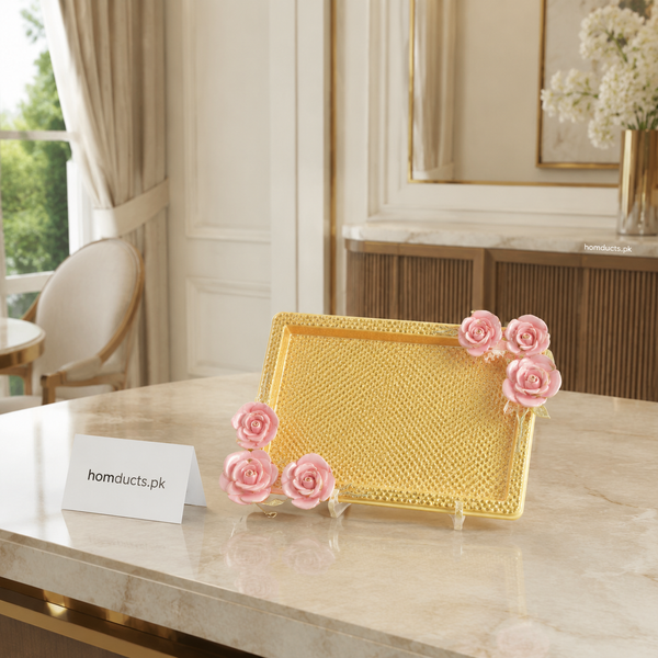 Luxury Golden Rectangular Ceramic Flower Tray with Pink Rose Design – Decorative Serving & Display Tray