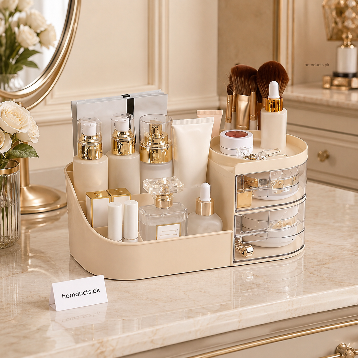 Premium Makeup & Cosmetic Organizer with 3 Transparent Drawers-Beige