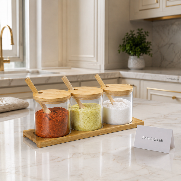 3-Piece Glass Spice Jar Set with Bamboo Lids, Spoons & Wooden Tray