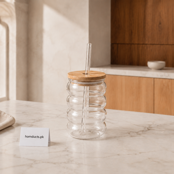 Ribbed Glass Tumbler with Bamboo Lid & Reusable Straw – 1 Pc