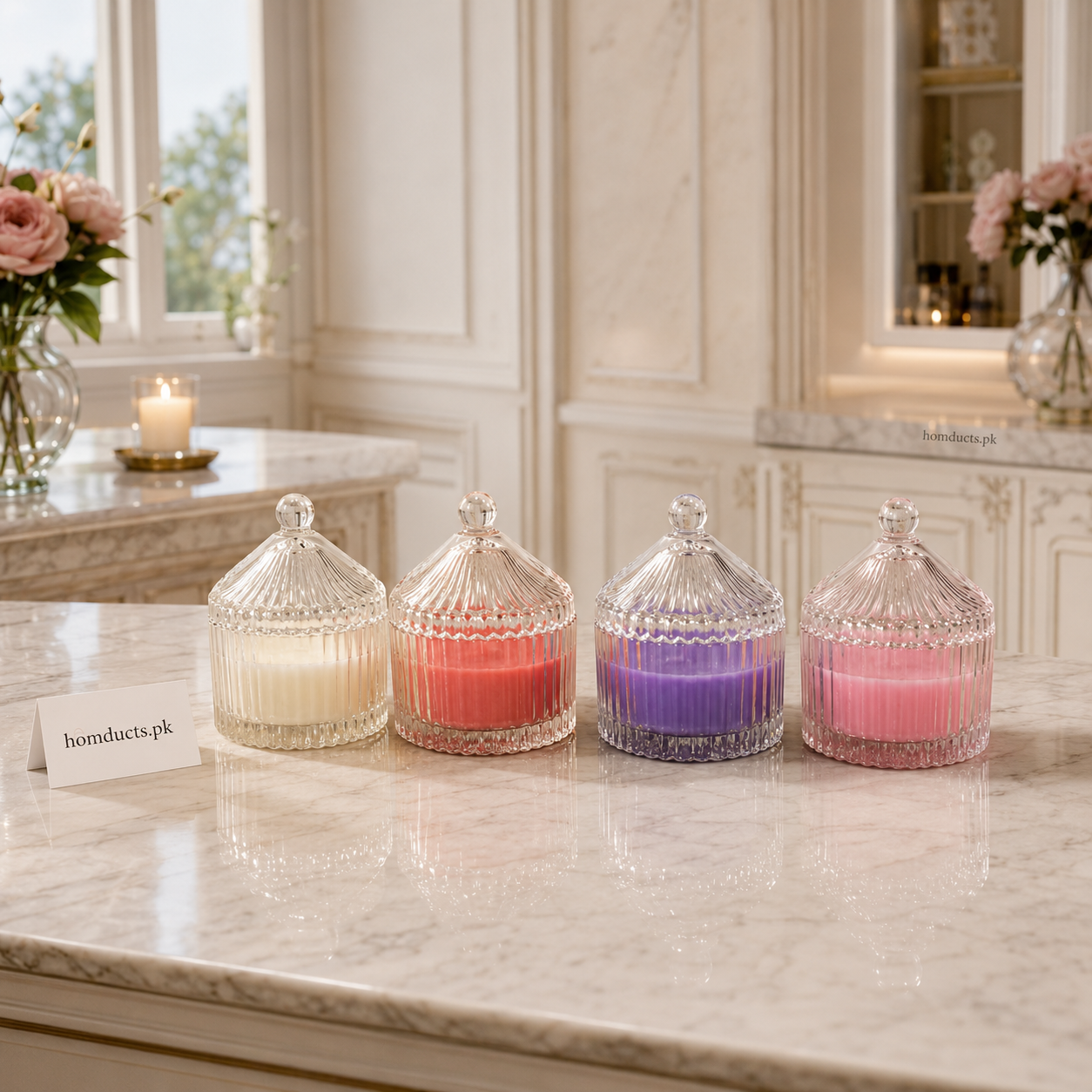 Premium Scented Candle in Elegant Ribbed Glass Jar with Lid – 1 Pc