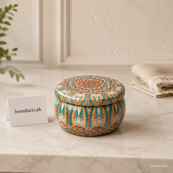 Home Aroma Decorative Tin Scented Candle with Lid – Long-Lasting Fragrance, Random Design – 1 Pc