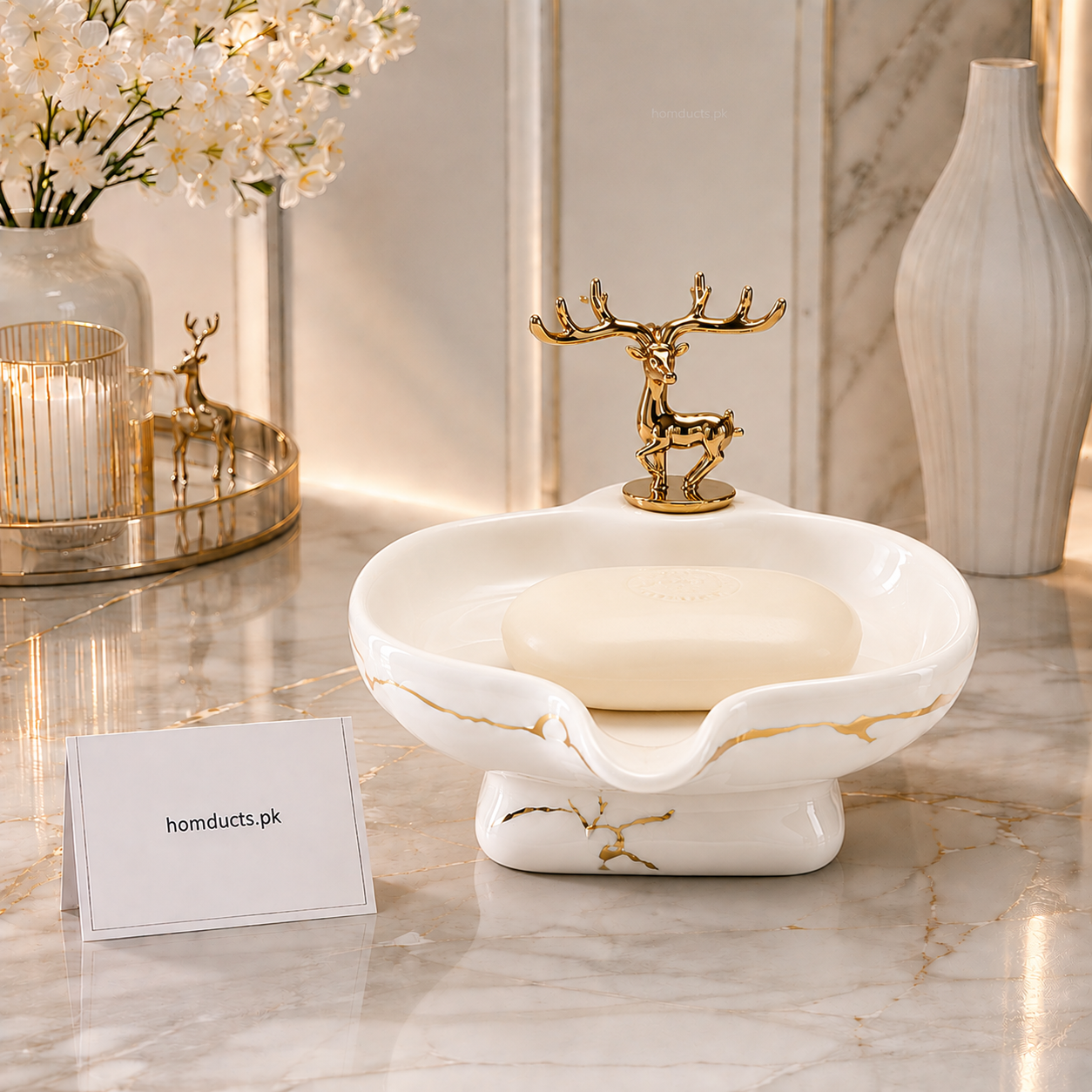 Danny Home Luxury Deer Ceramic Soap Dish with Gold Deer Handle | Premium Bathroom Soap Holder (White)