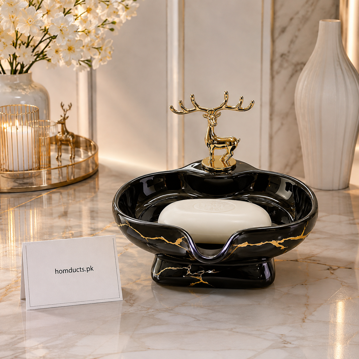 Danny Home Luxury Deer Ceramic Soap Dish with Gold Deer Handle | Premium Bathroom Soap Holder (Black)