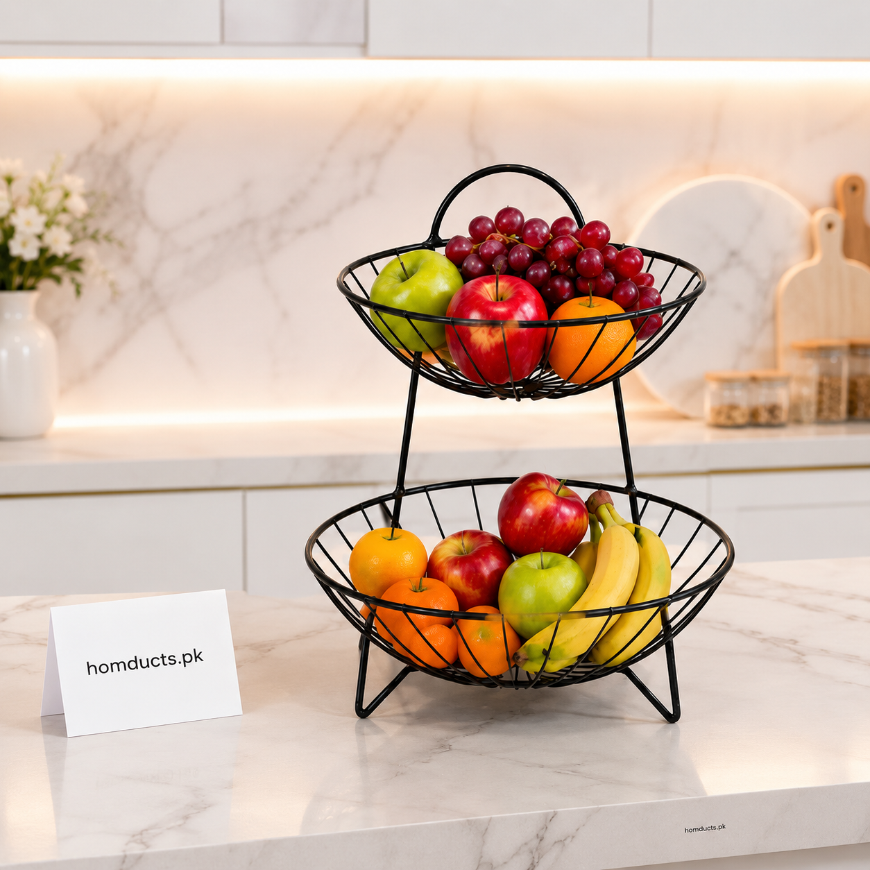 Premium 2-Tier Metal Fruit Basket Stand – Black Wire Fruit & Vegetable Storage Organizer for Kitchen Countertop