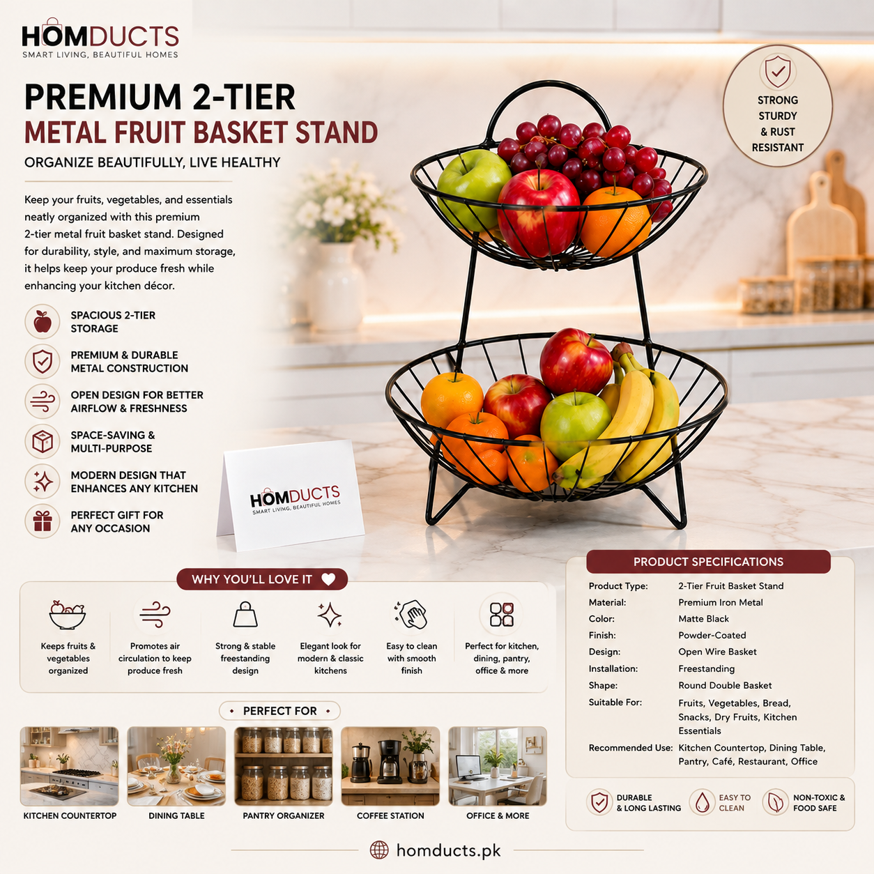 Premium 2-Tier Metal Fruit Basket Stand – Black Wire Fruit & Vegetable Storage Organizer for Kitchen Countertop