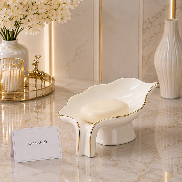 Danny Home Luxury Ceramic Leaf Soap Dish with Gold Trim – Premium Bathroom Soap Holder (White)