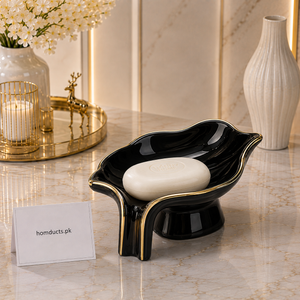 Danny Home Luxury Ceramic Leaf Soap Dish with Gold Trim – Premium Bathroom Soap Holder (Black)