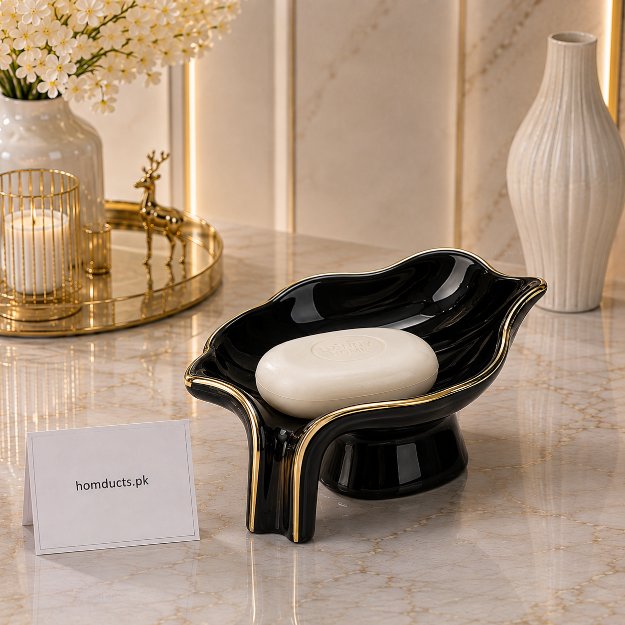 Danny Home Luxury Ceramic Leaf Soap Dish with Gold Trim – Premium Bathroom Soap Holder (Black)