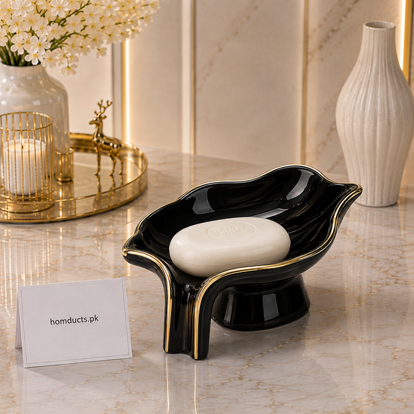 Danny Home Luxury Ceramic Leaf Soap Dish with Gold Trim – Premium Bathroom Soap Holder (Black)