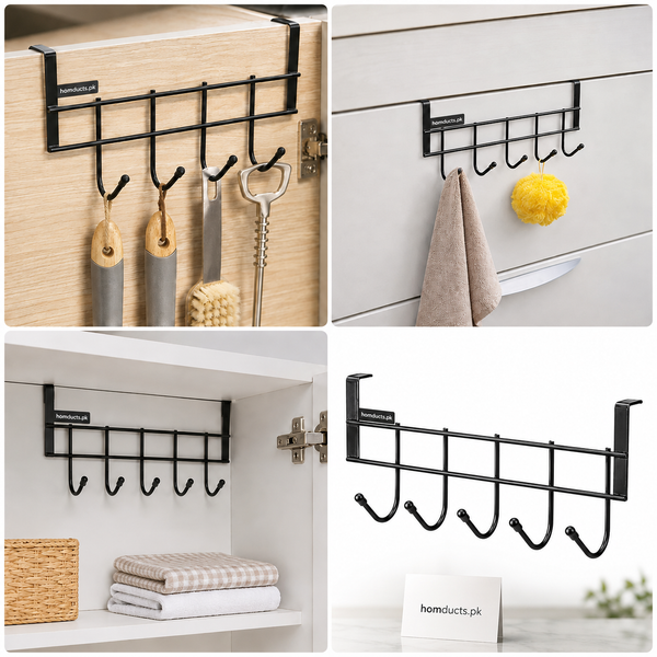 5-Hook Over Cabinet Door Hanging Organizer Rack | Metal Towel & Kitchen Storage Hook | No-Drill Cabinet Hanger – Black