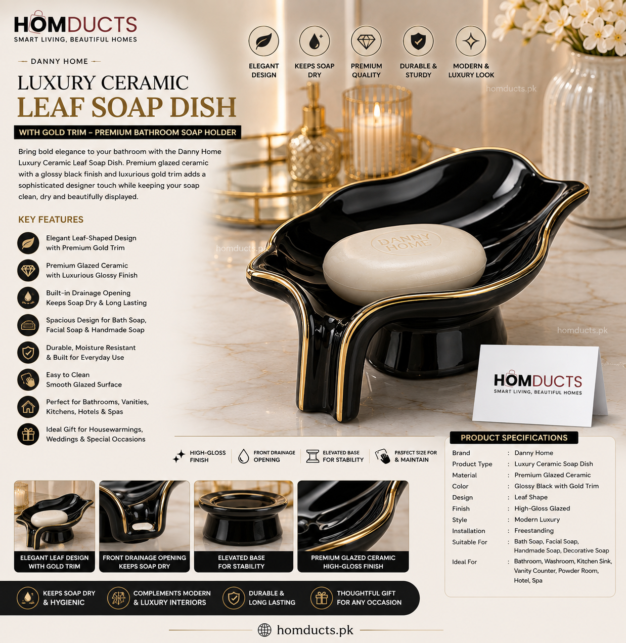 Danny Home Luxury Ceramic Leaf Soap Dish with Gold Trim – Premium Bathroom Soap Holder (Black)