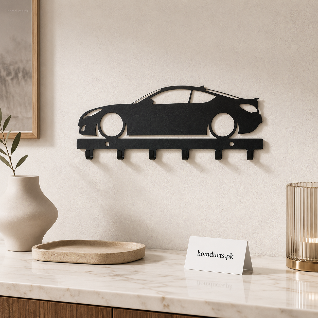 Sports Car Design Wall-Mounted Metal Key Holder with 6 Hooks – Black Key Organizer