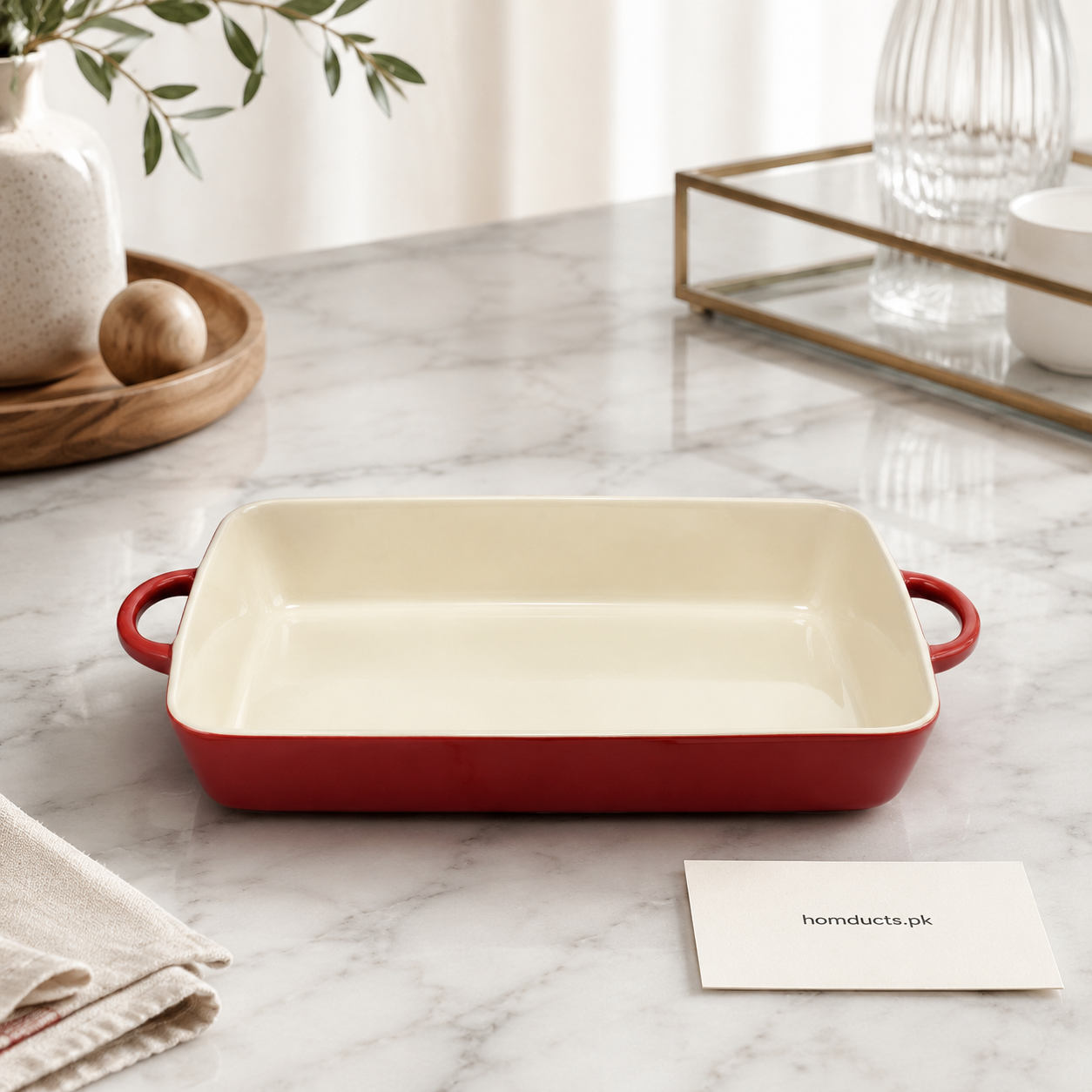 Danny Home 11.5-Inch Rectangular Porcelain Baking Dish with Handles – Red Oven Bakeware