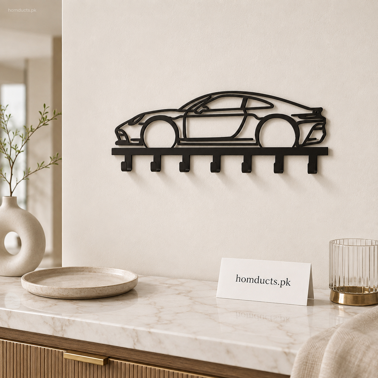 Sports Car Design Wall-Mounted Metal Key Holder with 7 Hooks – Premium Black Key Organizer