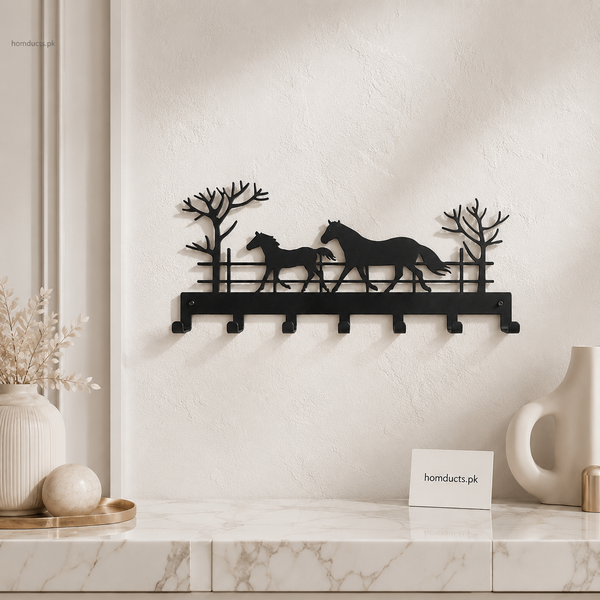 Horse Design Metal Wall Key Holder with 7 Hooks – Decorative Black Wall Mounted Organizer