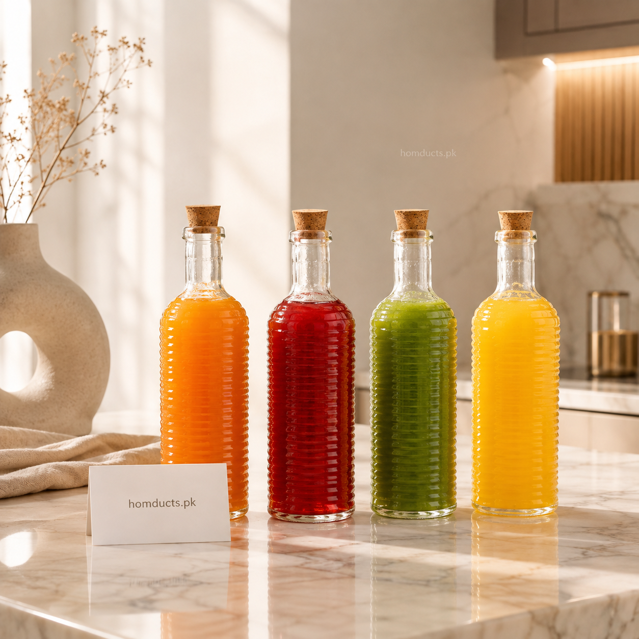 Danny Home Ribbed Glass Water & Juice Bottle with Cork Lid – Premium Serving Bottle