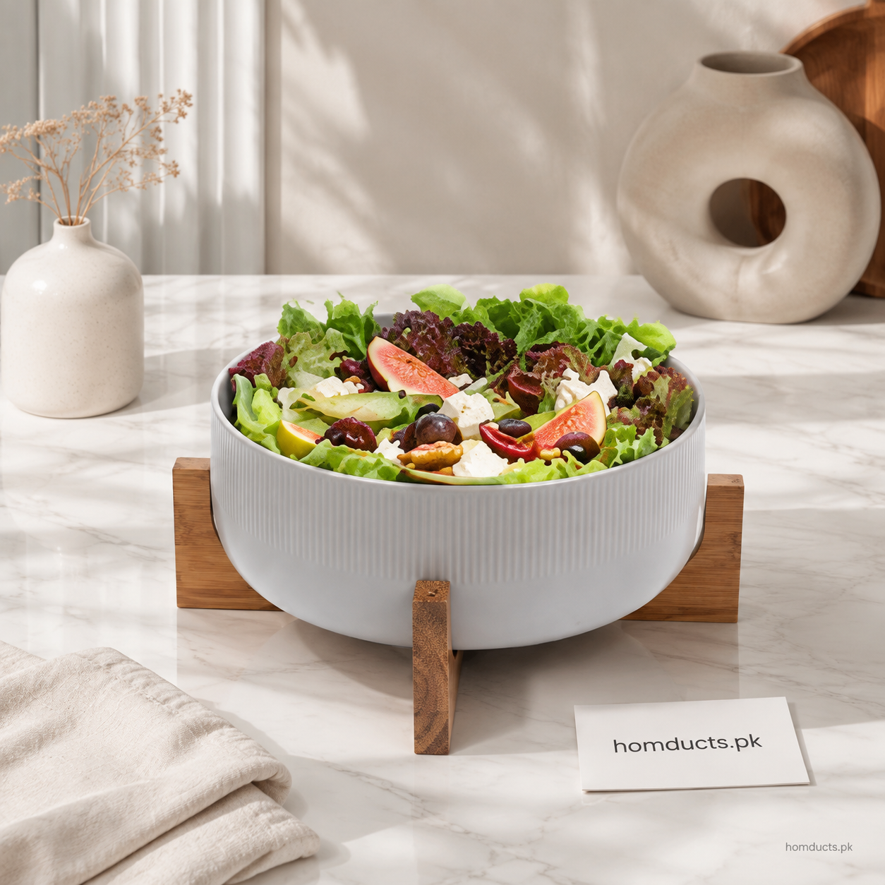 Danny Home 2.7L Grey Porcelain Salad Bowl with Wooden Stand.