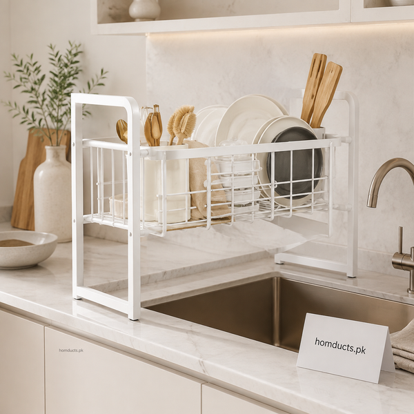 Premium Over Sink Dish Drying Rack – White Kitchen Organizer & Utensil Storage Rack