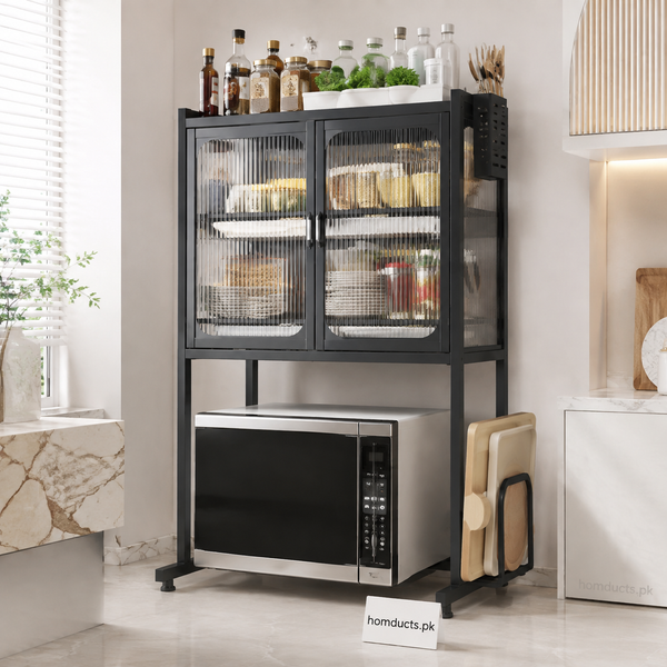 Premium Double Layer Microwave Oven Shelf with Storage Cabinet – Kitchen Counter Organizer Rack