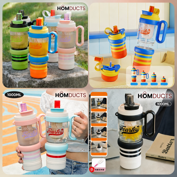1000ml 4-in-1 Convertible Water Bottle with Handle & Straw – Collapsible Multi-Function Tumbler