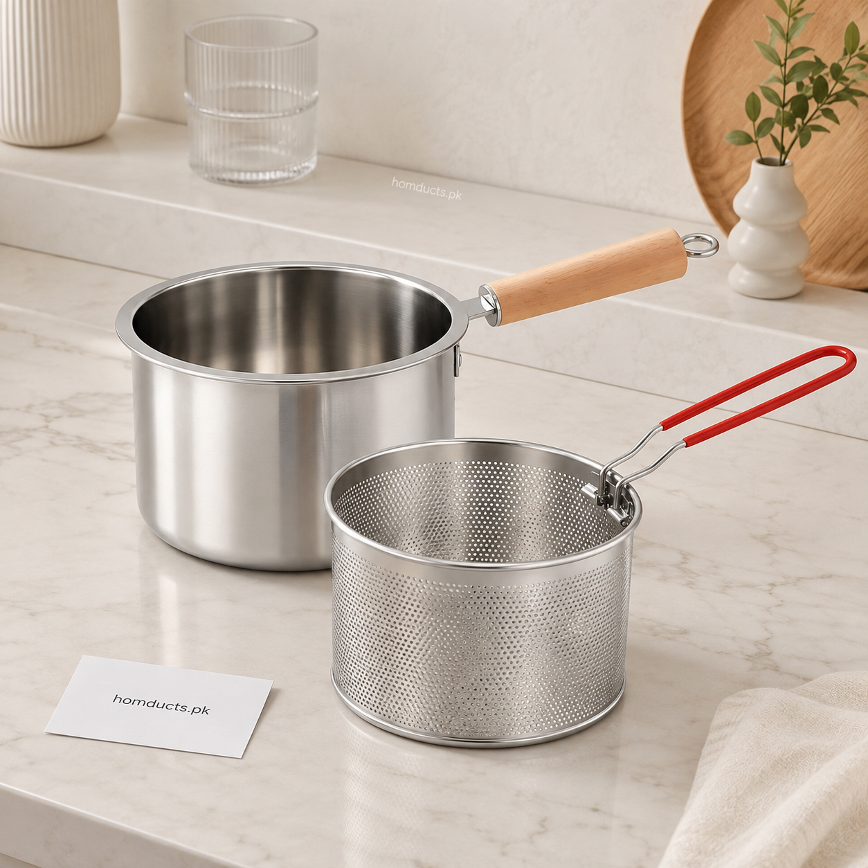 Premium Stainless Steel Deep Fryer Pot with Removable Strainer Basket & Wooden Handle – 2.5L
