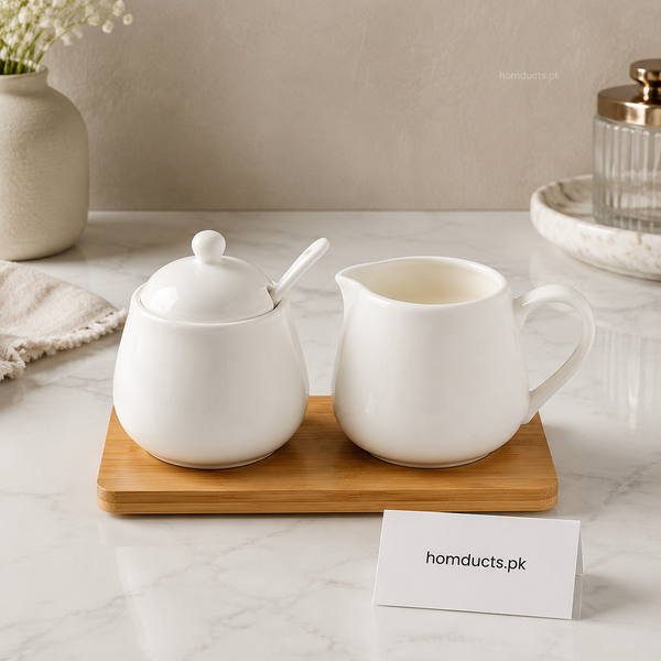 Danny Home Premium Ceramic Milk Pot & Salt Jar Set with Spoon & Wooden Tray