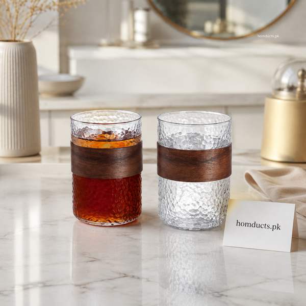 Danny Home Premium Textured Glass Cups with Wooden Sleeves – 2-Piece Set, 310ml