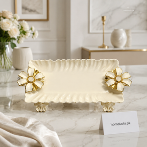 Brilliant Luxury Flower Rectangular Serving Plate with Gold Accents – 11 Inch