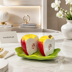 Danny Home Apple Ceramic Salt & Pepper Shaker Set with Leaf Tray – Premium Porcelain Spice Dispenser for Dining Table & Kitchen Decor