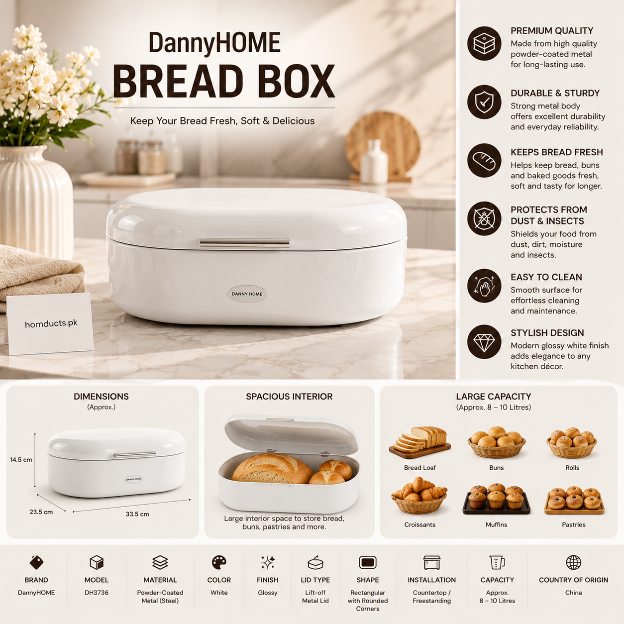 Danny Home Premium Red Metal Bread Box with Lid | Modern Kitchen Bread Storage Container-White