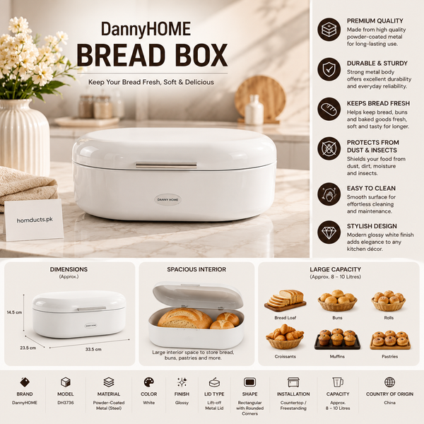 Danny Home Premium Red Metal Bread Box with Lid | Modern Kitchen Bread Storage Container-White