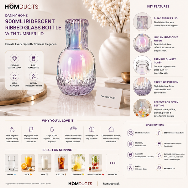 Danny Home 900ml Iridescent Ribbed Glass Bottle with Tumbler Lid – Premium Water & Beverage Bottle