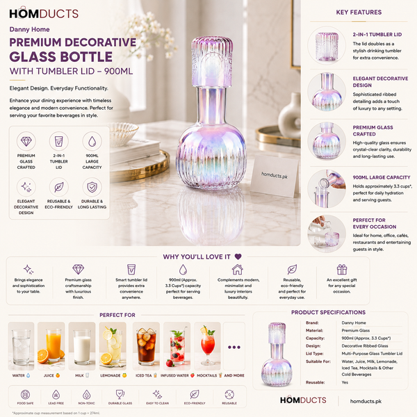 Danny Home Premium Decorative Glass Bottle with Tumbler Lid – 900ml