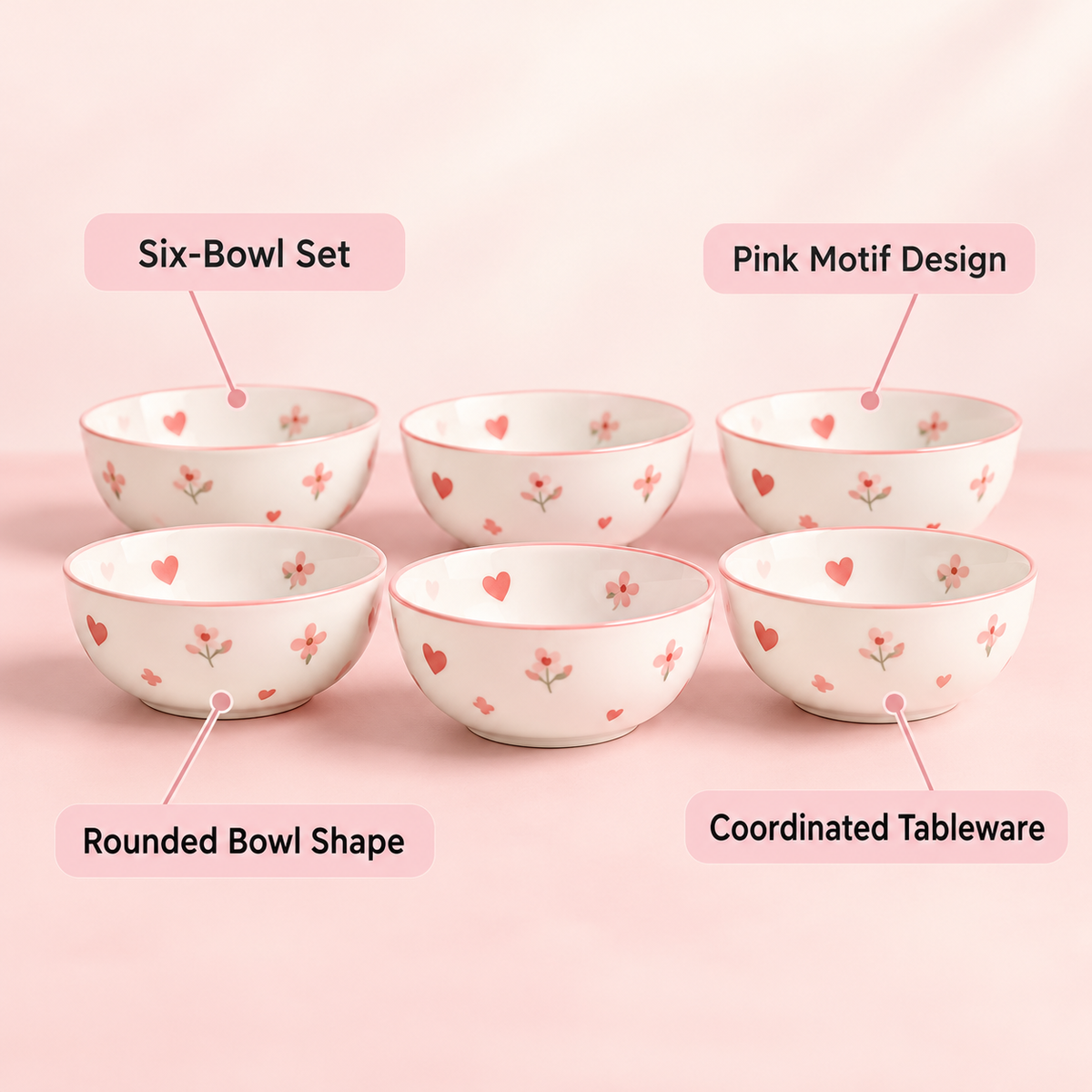 Pink Heart Pattern 6-Piece Bowl Set features