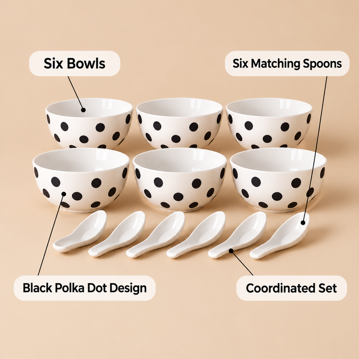 Black Polka Dot 12-Piece Bowl & Spoon Set features