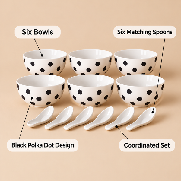 Black Polka Dot 12-Piece Bowl & Spoon Set features