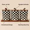 Black & Cream Checkerboard 3-Jar Set with Wooden Tray features