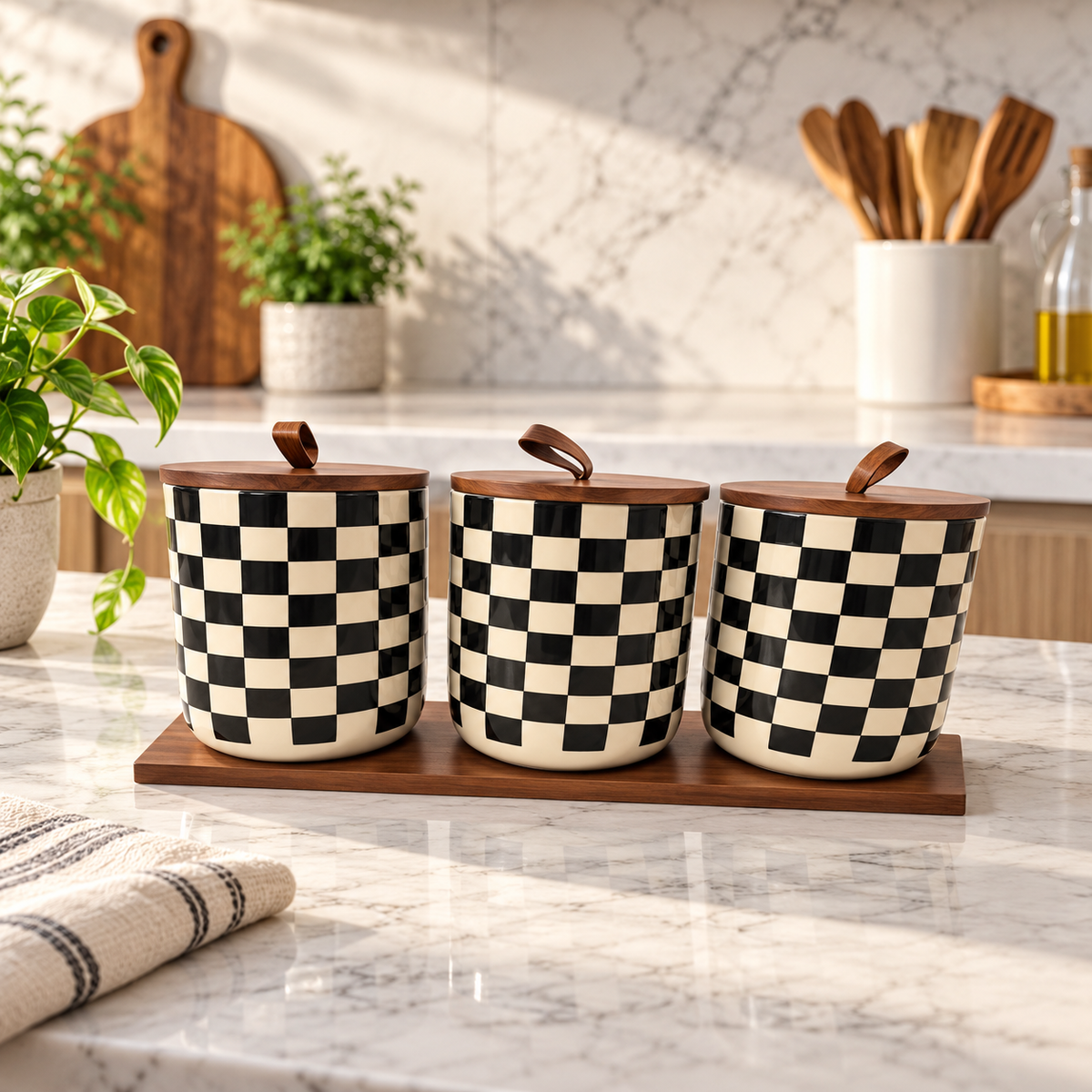 Black & Cream Checkerboard 3-Jar Set with Wooden Tray