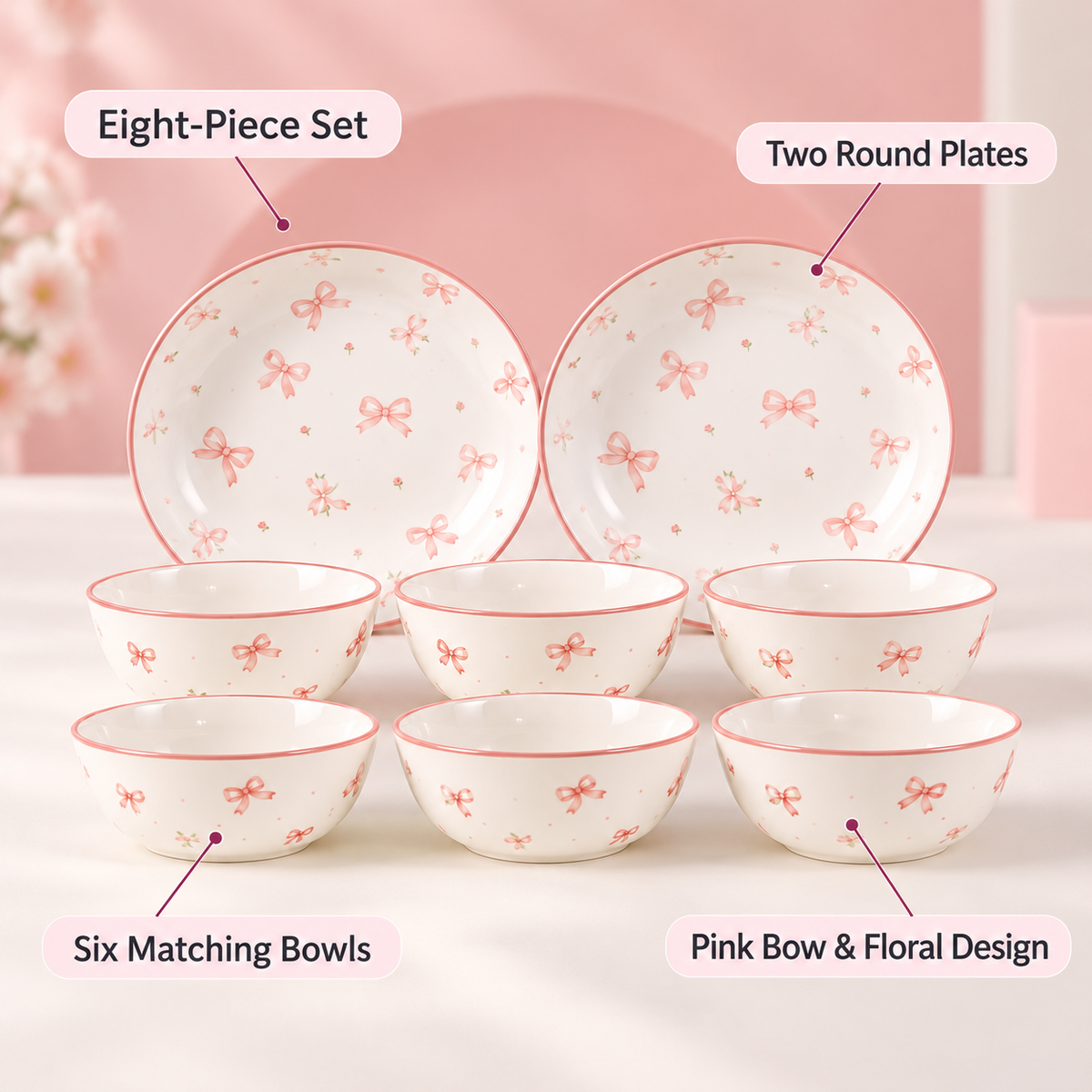 Pink Floral 8-Piece Dinnerware Set with Bowls & Plates features