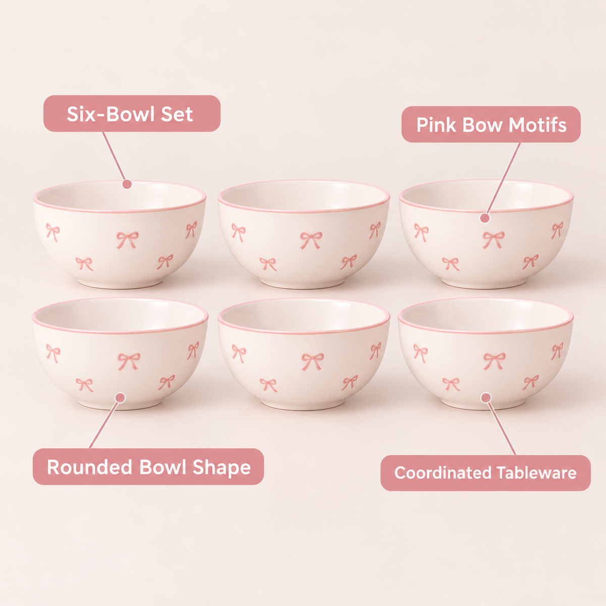 Pink Bow Pattern 6-Piece Bowl Set features