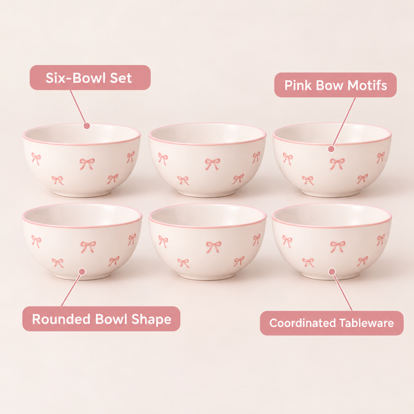 Pink Bow Pattern 6-Piece Bowl Set features