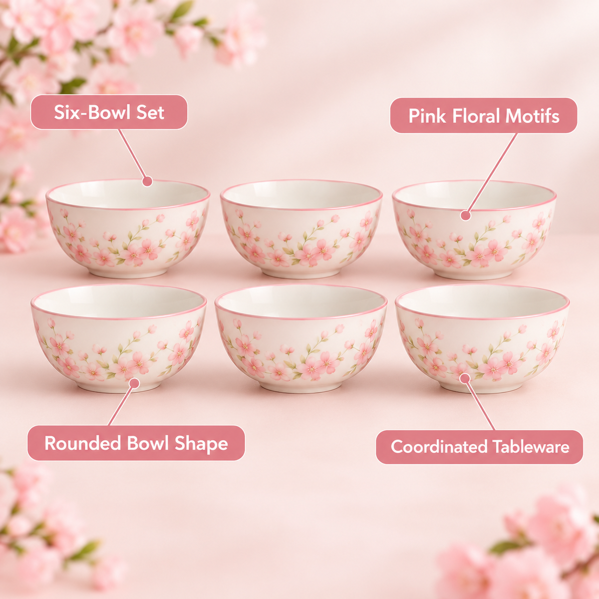 Pink Floral 6-Piece Bowl Set features