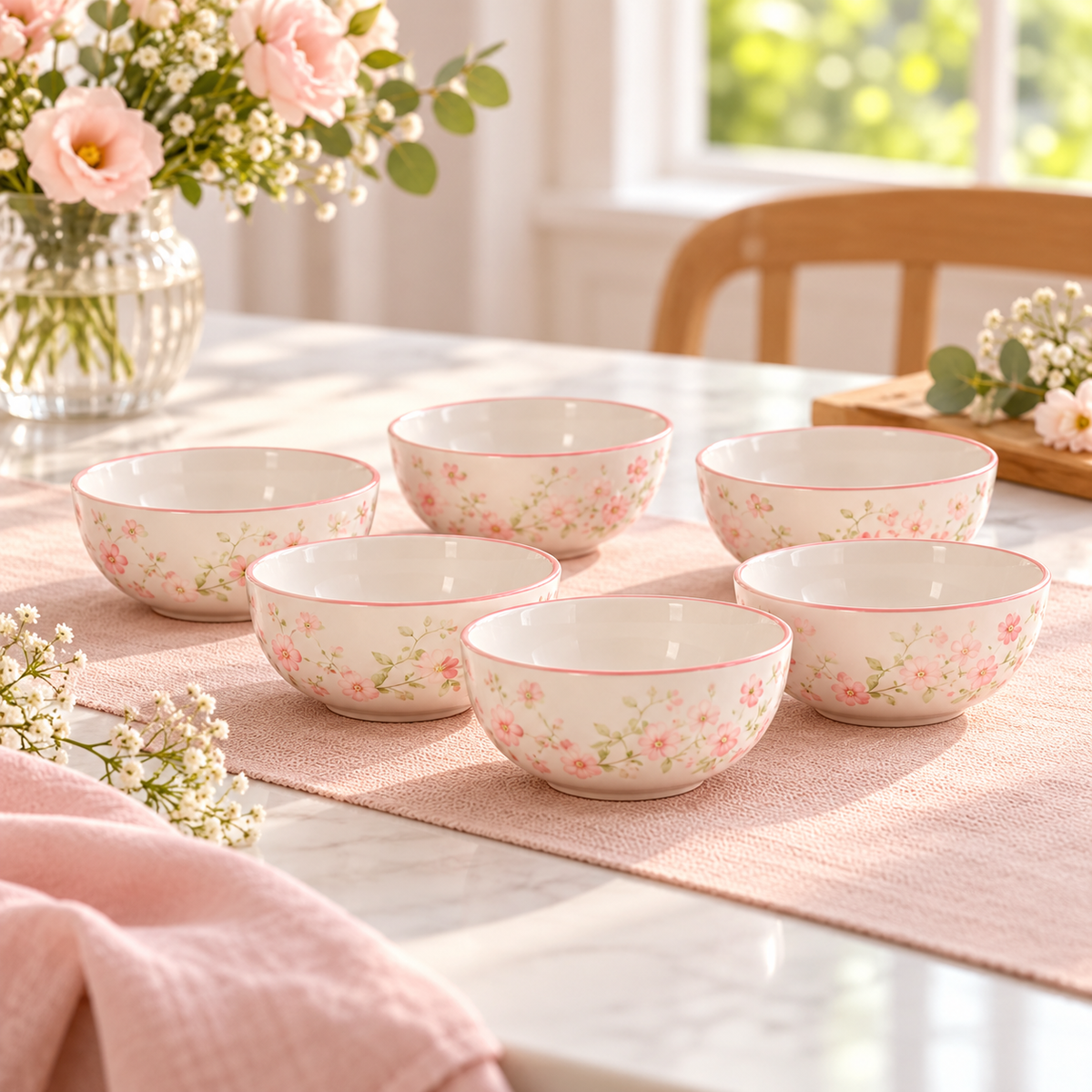 Pink Floral 6-Piece Bowl Set