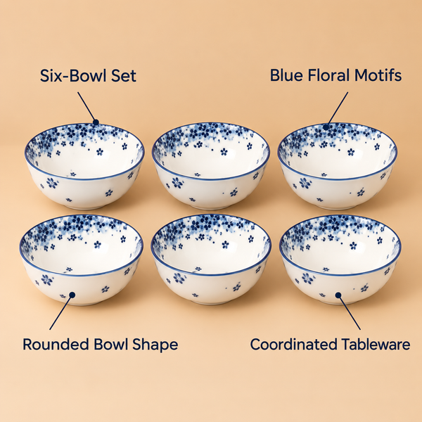 Blue Floral 6-Piece Bowl Set features