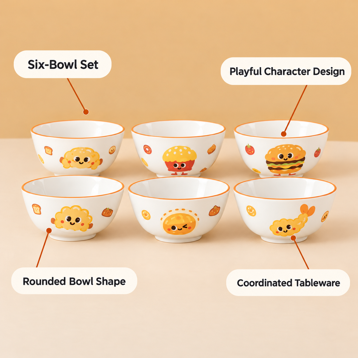 Playful Food Character 6-Piece Bowl Set features