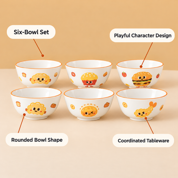 Playful Food Character 6-Piece Bowl Set features